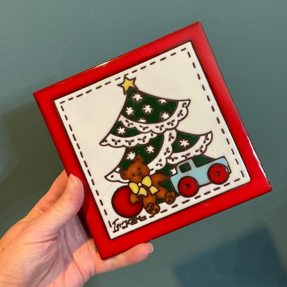 Cleo Teissedre Hand Painted 6” Ceramic Tile Trivet / Wall Decor - Christmas Tree